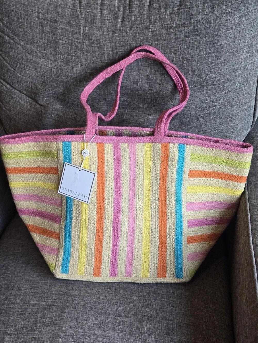 SHIRALEAH Chicago Jute Tote Bag with Pink Stripes